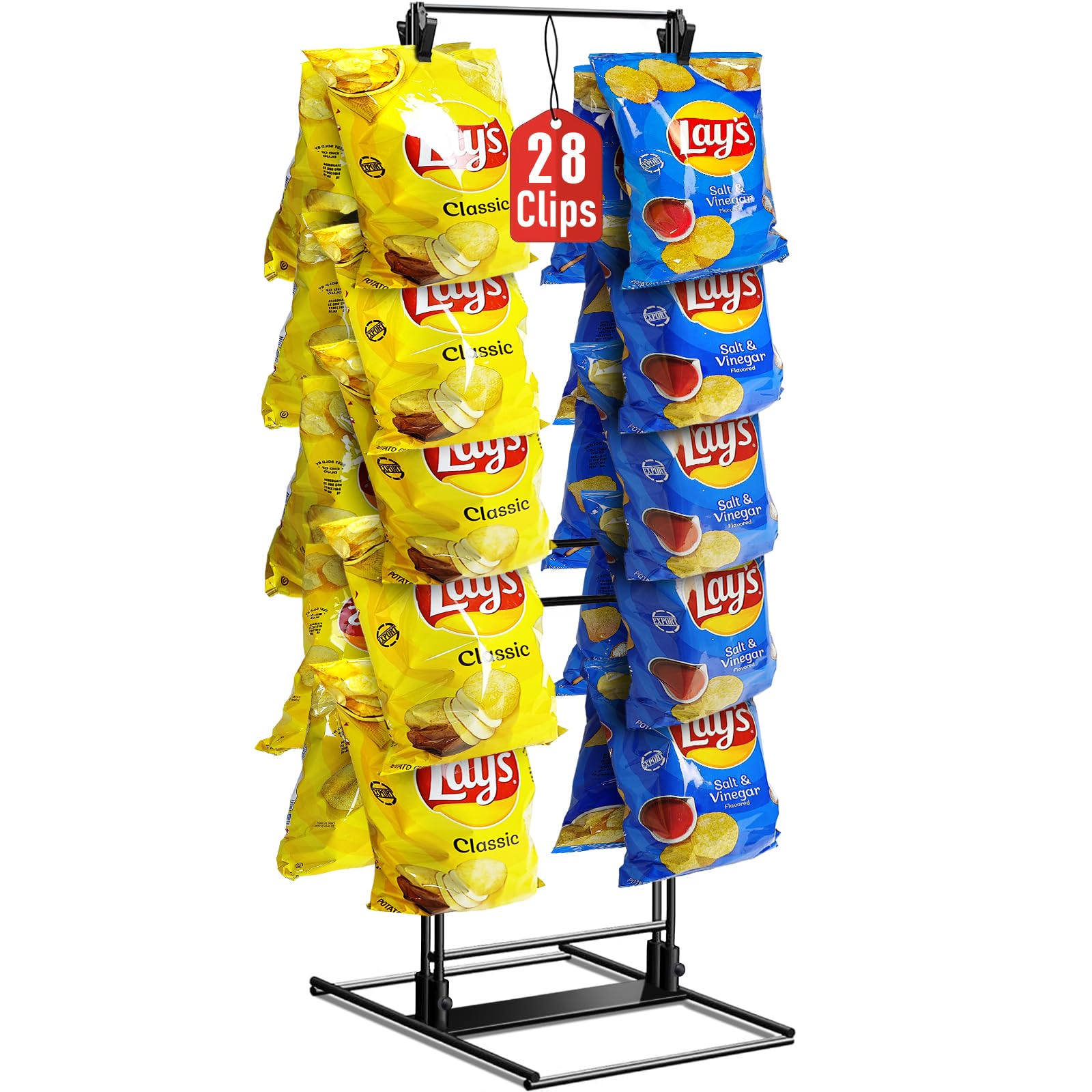 Photo 1 of ROSROSE Chip Rack Display Stand, Potato Chip Rack Bag Holder with 28 Clips, 2 Row Chip Display Stand for Party, Black Retail Snack Display for Countertop, Store Concession Stand - 2025 Upgraded