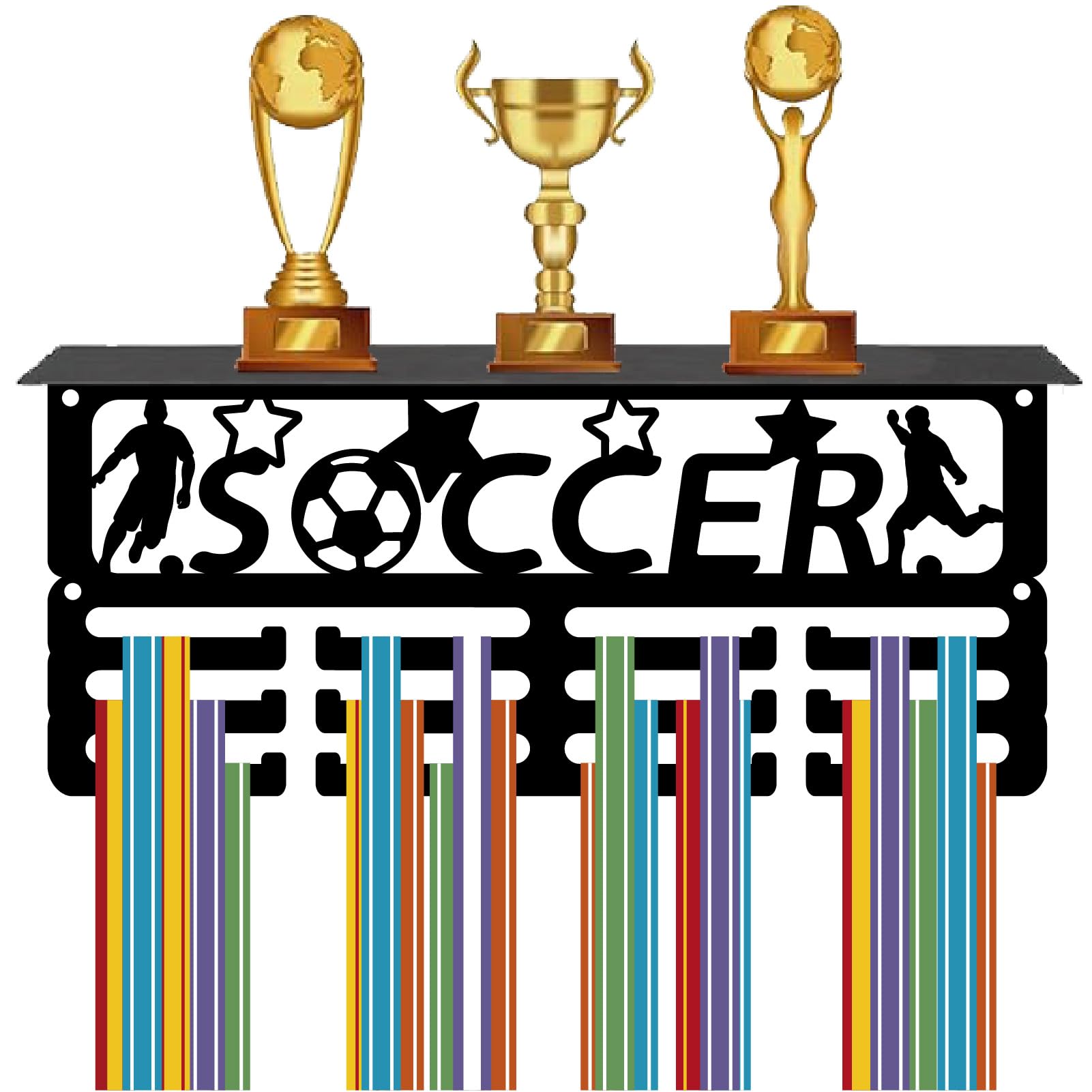 CREATCABIN Football Medal Trophy Display Shelf Medal Hanger Display Shelf with 12 Hooks Stand Wall Mount Hold 70+ Medals Holder Hanger Sports Soccer Medal Organizer Rack for Awards 11.4x5x4Inch