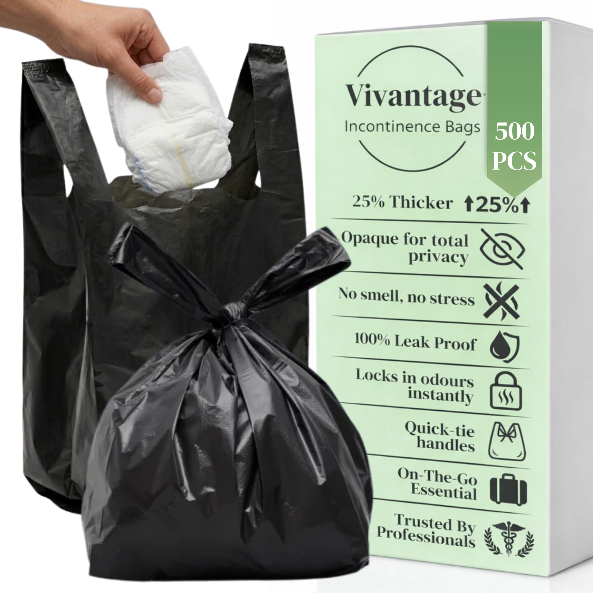 500 Pack Large Black Adult Nappy Bags | Strong, Disposable & Unscented | 15% Thicker | Nappy Disposal Sacks, Sanitary & Incontinence Bags | UK Made