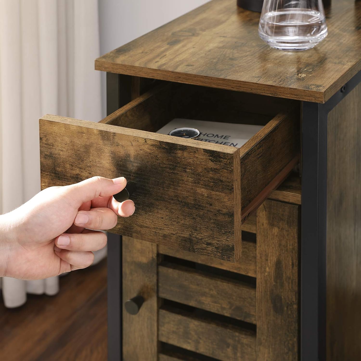 VASAGLE Narrow Side Table, End Table with Drawer, Shutter Door, Nightstand for Small Spaces, Living Room, Industrial Style, Rustic Brown and Black ULET066B01: Kitchen & Dining