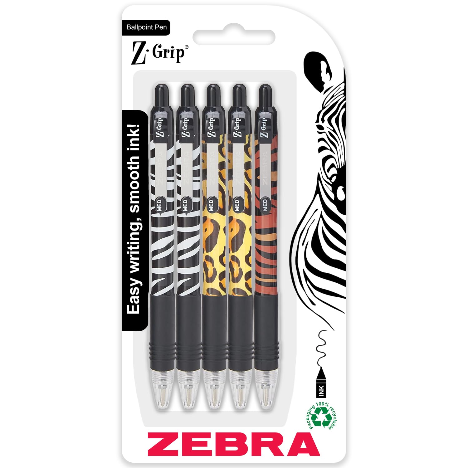 Zebra Z-Grip Funky Animal Print Ballpoint Pen - Assorted Barrels - Black Ink - Blister Packs of 5 Pens (6 Pack)