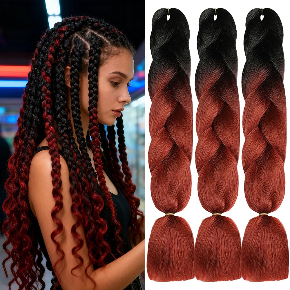 ShowJarlly Box Braid Hair Extensions, 24inch Black/Reddish brown Ombre Jumbo Braid Hair, 3Packs Synthetic Jumbo Braiding Hair Extension Afro Hair Extensions for Braiding Crochet Twist Braids — image 1