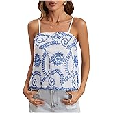 Milumia Women's Boho Floral Eyelet Cami Top Spaghetti Strap Sleeveless Vacation Summer Tops