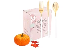 WDF 90Pieces Gold Plastic Silverware-Gold Plastic Cutlery with White Handle- Heavy Duty Thanksgiving Christmas Silverware Include 30Forks, 30 Spoons, 30 Knives for Parties