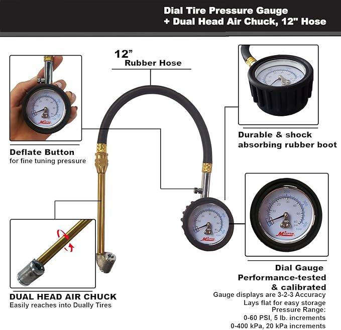 Dual Head Air Chuck Milton S 935 Dial Tire Pressure Gauge 12 Hose Dual Head Air Chuck Milton S 935 Dial Tire Pressure Gauge 12 Hose