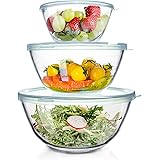 WhiteRhino Glass Mixing Bowls with Lids Set of 3（4.5QT,2.7QT, 1.1QT, Large Kitchen Salad Bowls, Space-Saving Nesting Bowls, R