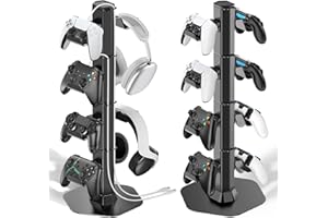KOSKER Controller & Headset Holder Stand for Desk, with Charger Cable Organizer Headphone Stand for PS5/ Xbox/ PS4/ Switch, Metal Base Controller Hanger Hook for Storage Earphones, Game Console, Mobile Phone