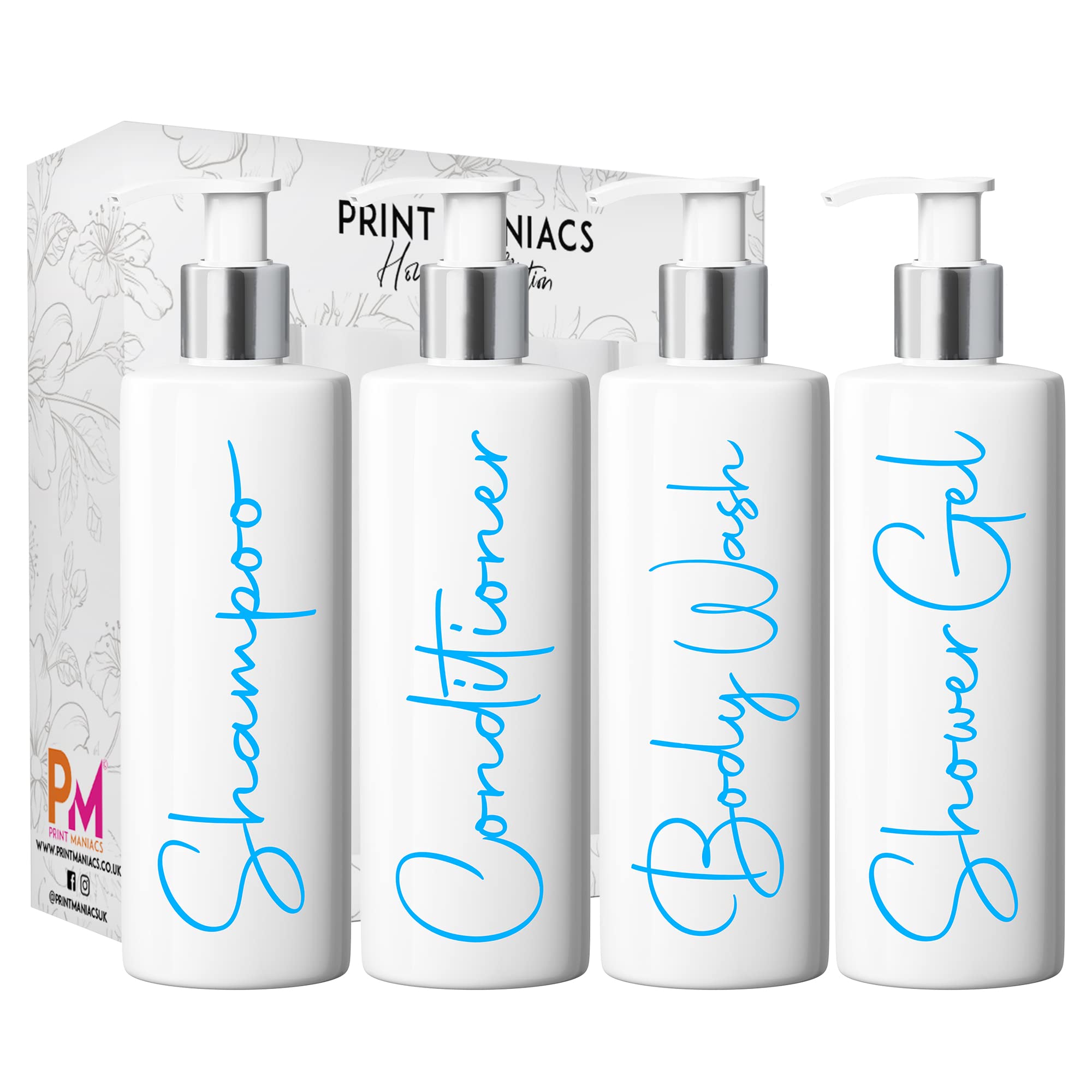 Print Maniacs White Mrs Hinch Inspired Personalised 500ml Pump Bottles Bathroom Lotion Kitchen Set Shampoo Conditioner ( Shower Gel Set, F2 ) (Baby Blue)