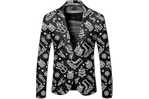 Christmas Suit Jacket Men Funny One Button Blazer with Xmas Festive Print Design for Holiday Party and Casual Wear