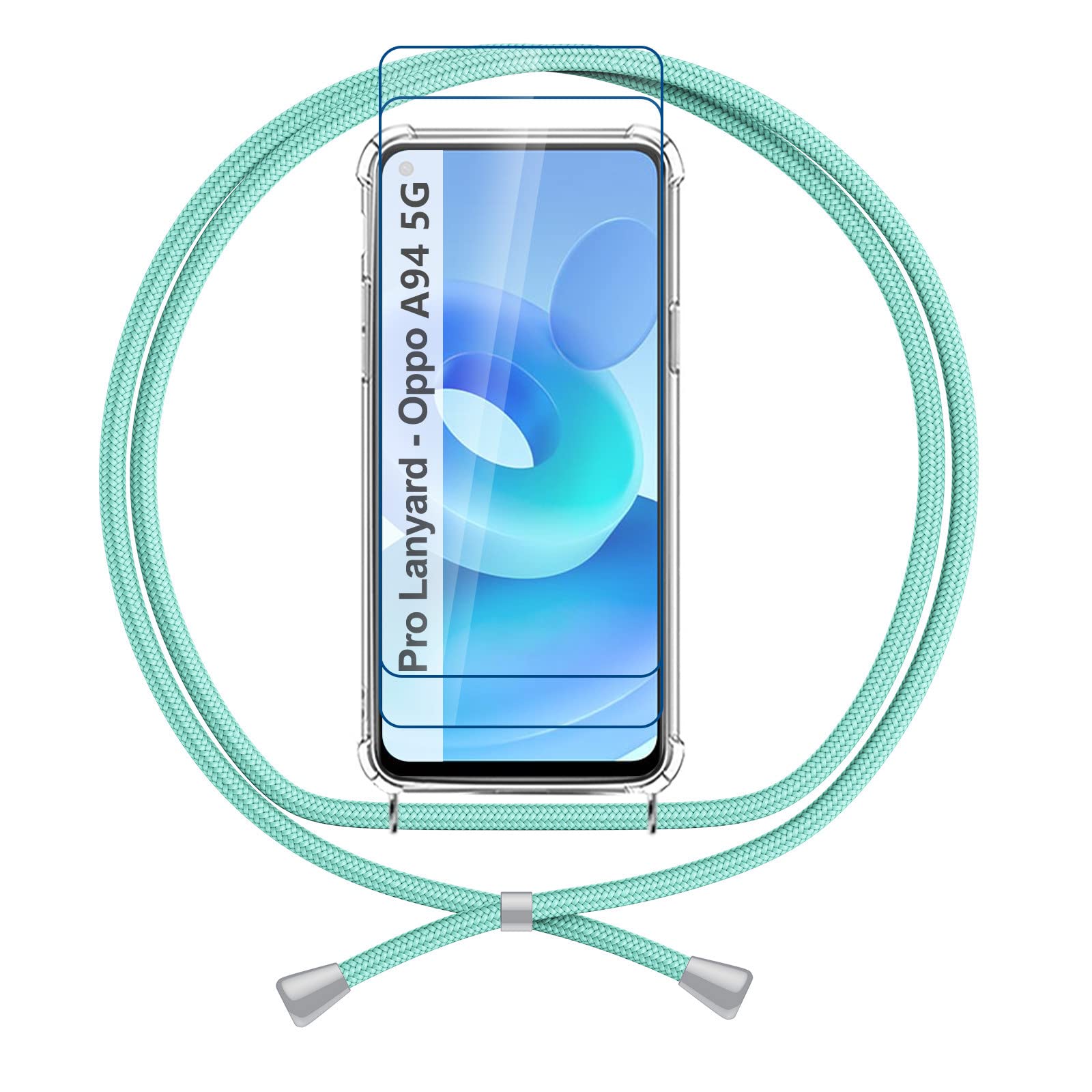 DOCOO Necklace Case Compatible with Oppo A94 5G, Screen Protector with Transparent Silicone Protective Air Cushion Case Lanyard Rope Chain Shockproof Anti Scratch Clear Cover, Green