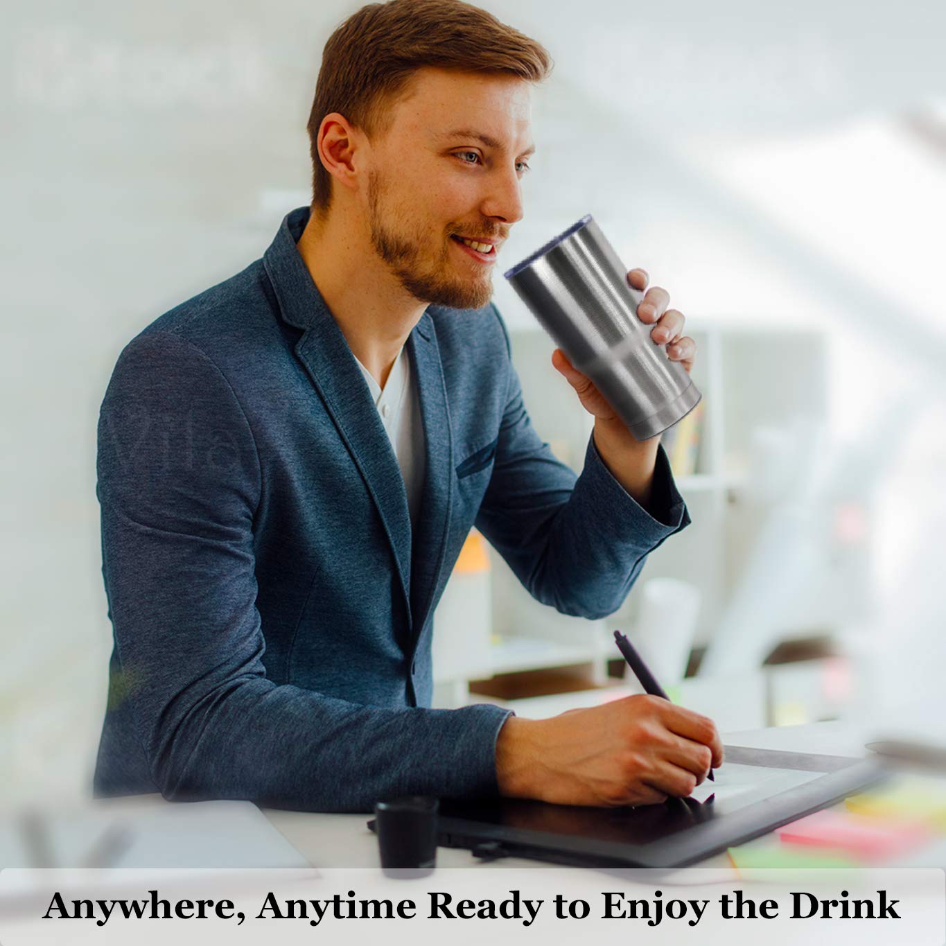 30oz Stainless Steel Travel Tumbler by Vila - BPA-free, double wall vacuum insulated - Tight transparent lid prevents spillage - Shatterproof, rustproof - Keeps Hot Drinks Hot and Cold Drinks Cold