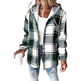CHICME Womens Casual Jacket Plaid Hooded Fleece Lined Shacket | Long Sleeve Flannel Jacket, Button Front Closure Warm Coat With Side Pockets, Fall Winter Daily Wear