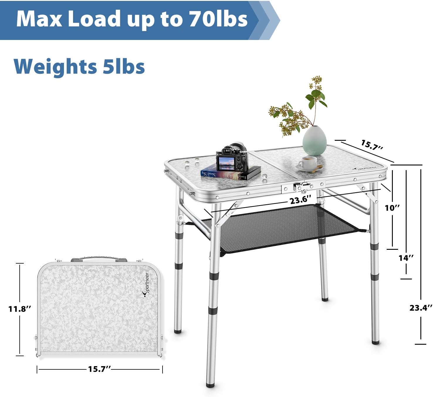 Sportneer Adjustable Height Camping Table with Mesh Layer, 23.6" x 15.7" Portable Folding Camp Tables with Aluminum Legs for Outdoor Camp, Picnic, Beach, Backyard, Tailgate Cooking, 3 Heights : Sports & Outdoors