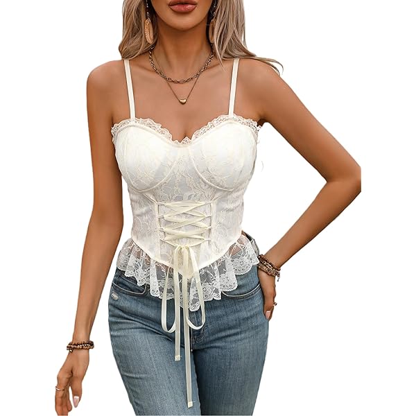 Sexy Lace Bustier Tops for Women Y2k Floral Mesh Sheer Tie