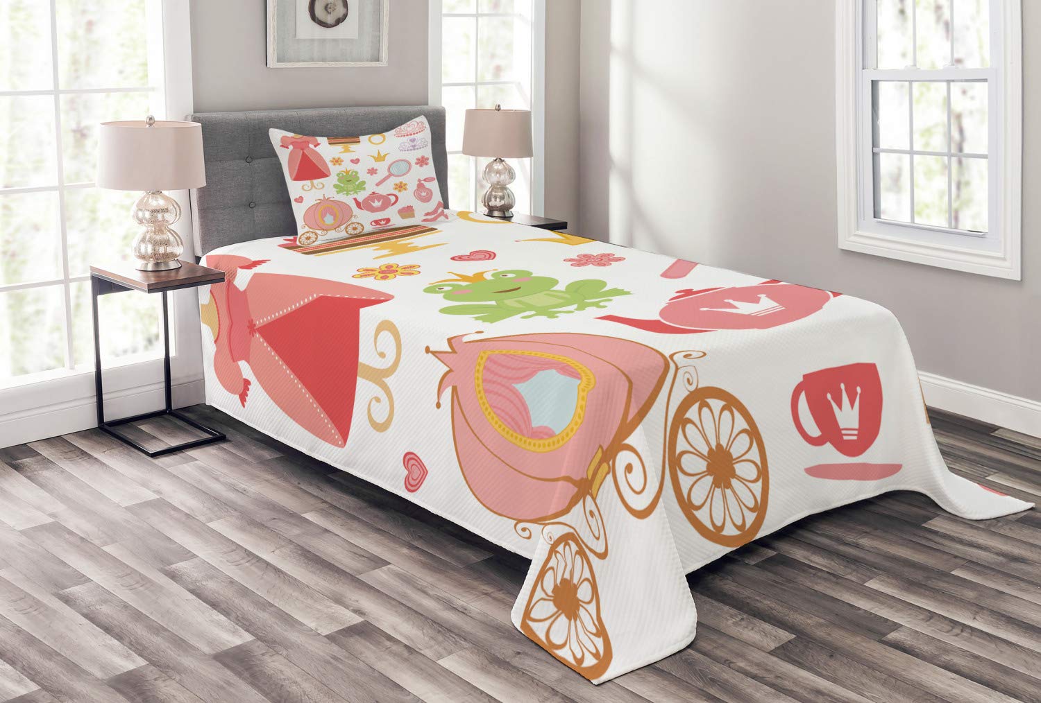 Lunarable Nursery Bedspread, Princess Tiara Tea Party Mirror Teapot Tea Party Frog Crown Fairy Cupcake Girls, Decorative Quilted 2 Piece Coverlet Set with Pillow Sham, Twin Size, White Coral