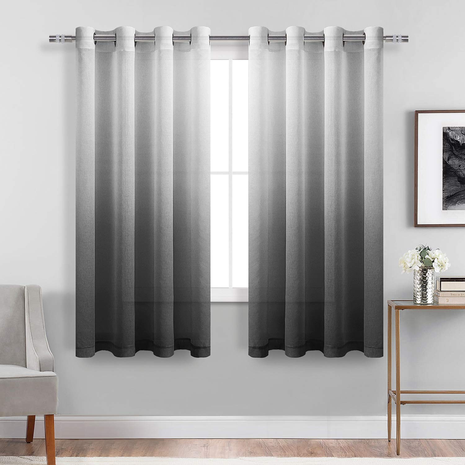 DWCN Faux Linen Ombre Sheer Curtains - Gradient Semi Voile Drapes Bedroom and Living Room Curtains, Set of 2 Grommet Top Window Curtain Panels, 52 x 63 Inch Length, Black