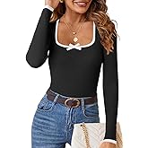 HAEOF Womens 2025 Fall Long Sleeve Ribbed Knit Sweaters Dressy Casual Square Neck Slim Fit Shirts Cute Trendy Tops