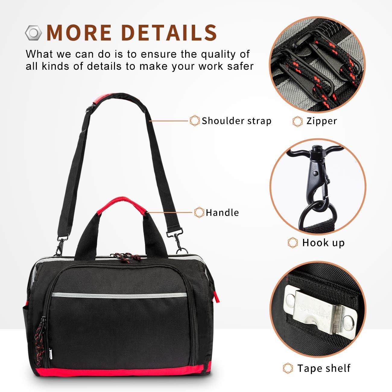 Tool Bag Wide Mouth Tote Bag with 25 Pockets 16-inch Storage Bag with Adjustable Shoulder Strap Black/Red - - 