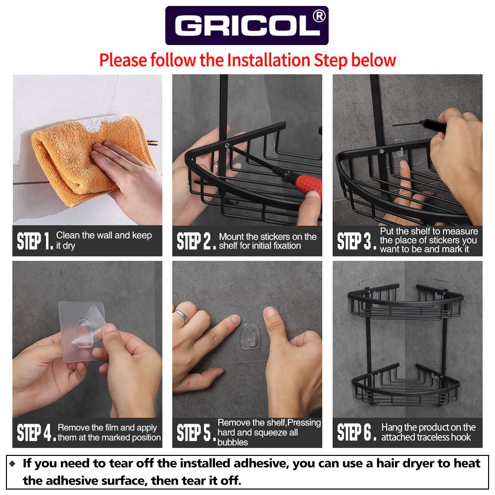 Gricol Bathroom Shower Corner Shelf No Drilling Shower Caddy Black Adhesive Suction 2 Tiers