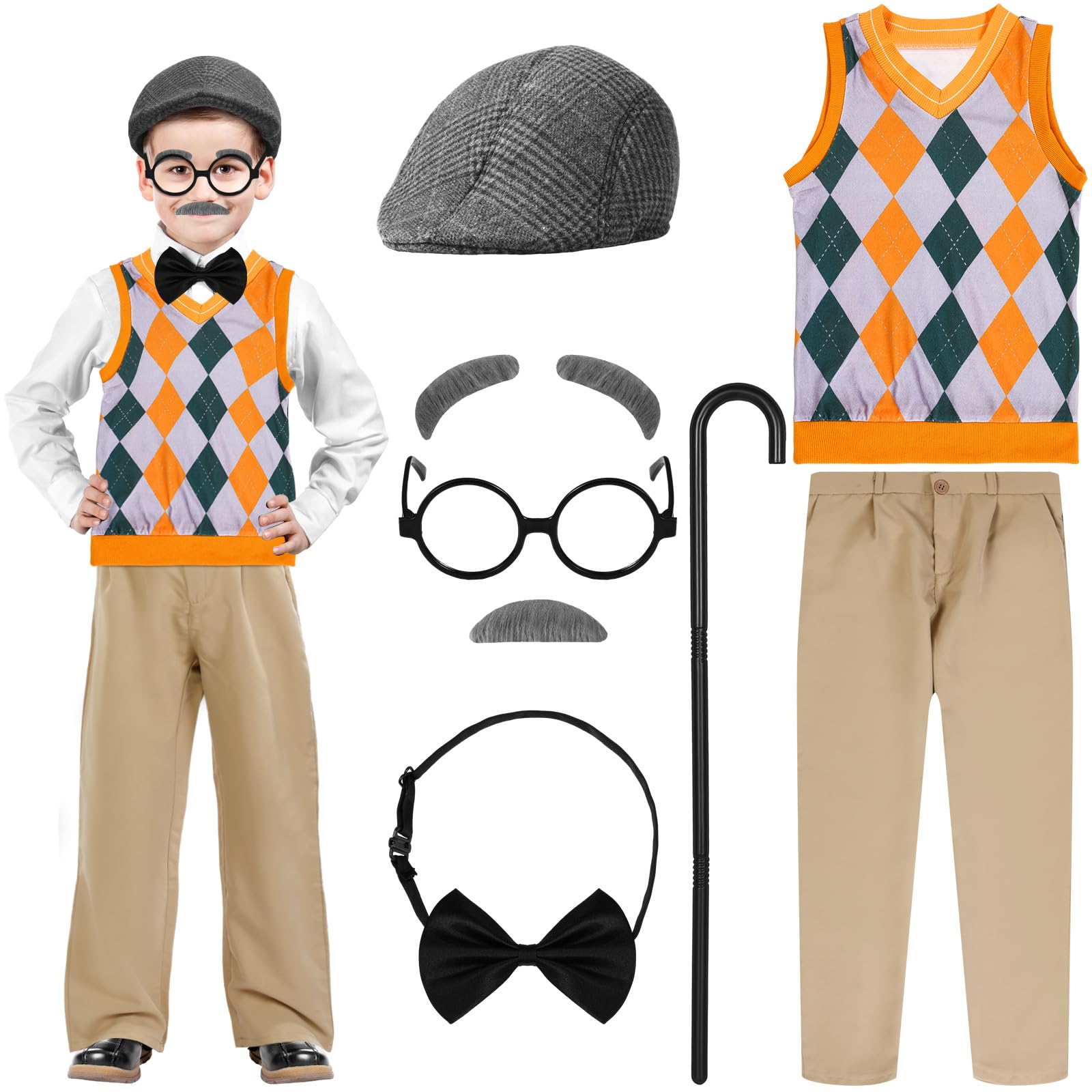 Photo 1 of Liitrsh 8 Pcs Old Man Costume for Kids Grandpa Costume 100 Days of School Halloween Vest and Pants for Boys(11-13 Years,Yellow Green Plaid)