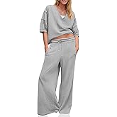 Fisoew Womens 2 Piece Outfits Casual V Neck Shirts Wide Leg Running Long Pants Loose Workout Tracksuit Sets
