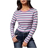 Floerns Women's Striped Ribbed Knit Crop Top Long Sleeve Crew Neck Casual T Shirt