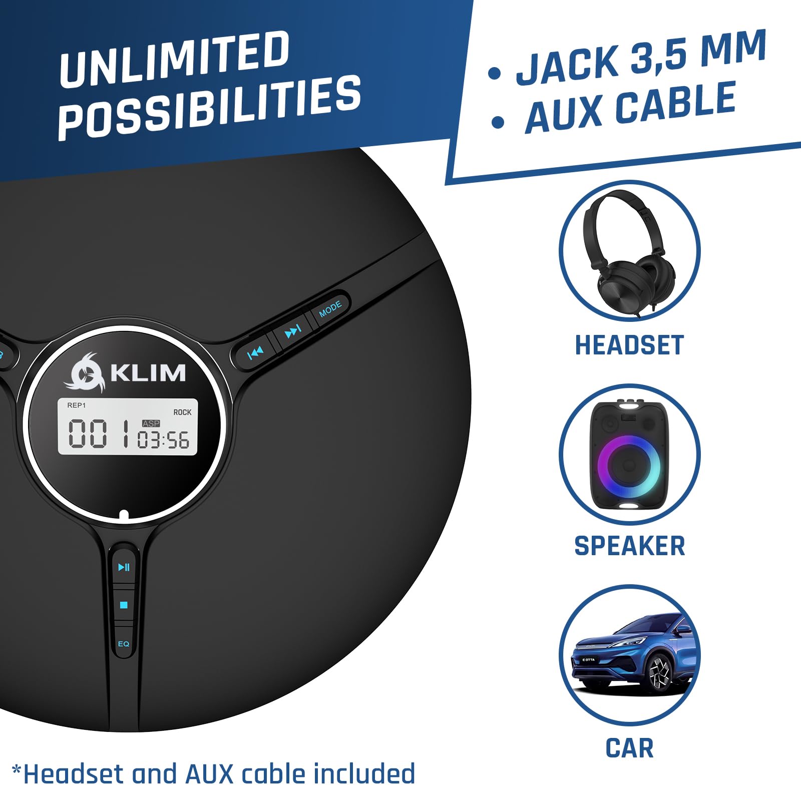 KLIM Discman with Headphones - Portable CD Player with Headphones - Compatible w/CDR, CDRW, MP3 - Compact Mini CD Player - Black - New Version