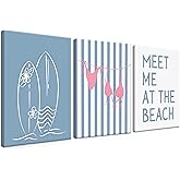 Trendy Coastal Beach Canvas Wall Art Set of 3, Blue Preppy Bikini Surfing Wall Decor Paintings, Summer Shells Meet Me at the Beach Posters Prints Pictures for Girly Dorm Bathroom 12x16 Inch Framed