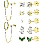 YADOCA Gold Flat Back Earrings for Women, 14K Gold Plated Trendy Cartilage Earring Sets for Multiple Piercing Hypoallergenic Small Huggie Hoop Earrings Stacks with Dangle Chain Dainty Gold Stud Earrings