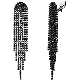 BriLove Clip-on Earrings Rhinestone Dangling for Women Fashion Long Chandelier Sparkle Crystal Tassel Dangle Drop Earring