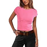 Yanekop Cropped T Shirts for Women Summer Cap Sleeve Tops Tight Fitted Shirts Crew Neck Short Sleeve Slim Fit Tee Cute