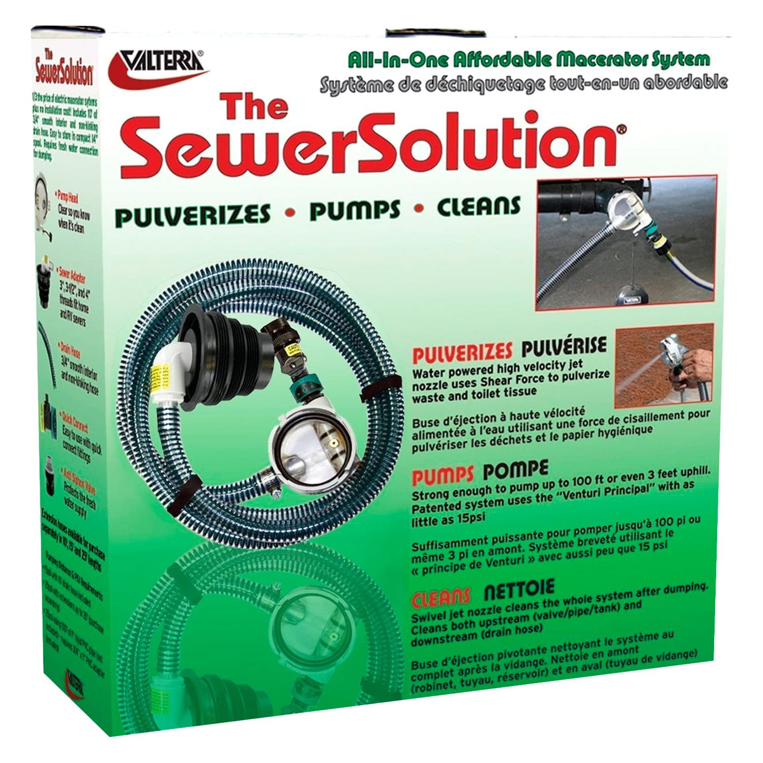 Photo 1 of Valterra 10-Foot Sewer Solution Kit, Universal Sewer Hose for RV Camper, Includes one 10' drain hose (OD 1.1"), pump head, sewer adapter, quick connect, and anti siphon valve