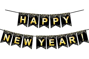 Fecedy Black Gold Happy New Year Banner for New year Party Decorations