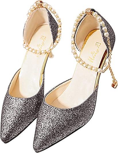 Amazon Kiki Gil パンプス ラメ パール アンクル ストラップ 結婚式 シューズ ヒール ポインテッドトゥ レディース パーティフォーマル ブラック 24cm Kiki Gil シューズ バッグ