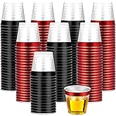 Funnymoom 100 Pack 1oz Black Red Rimmed Plastic Shot Glasses Mini Plastic Wine Drinking Shot Cups Clear Disposable Party Cups Tasting Sample Containers for Christmas New Year Engagement Whiskey