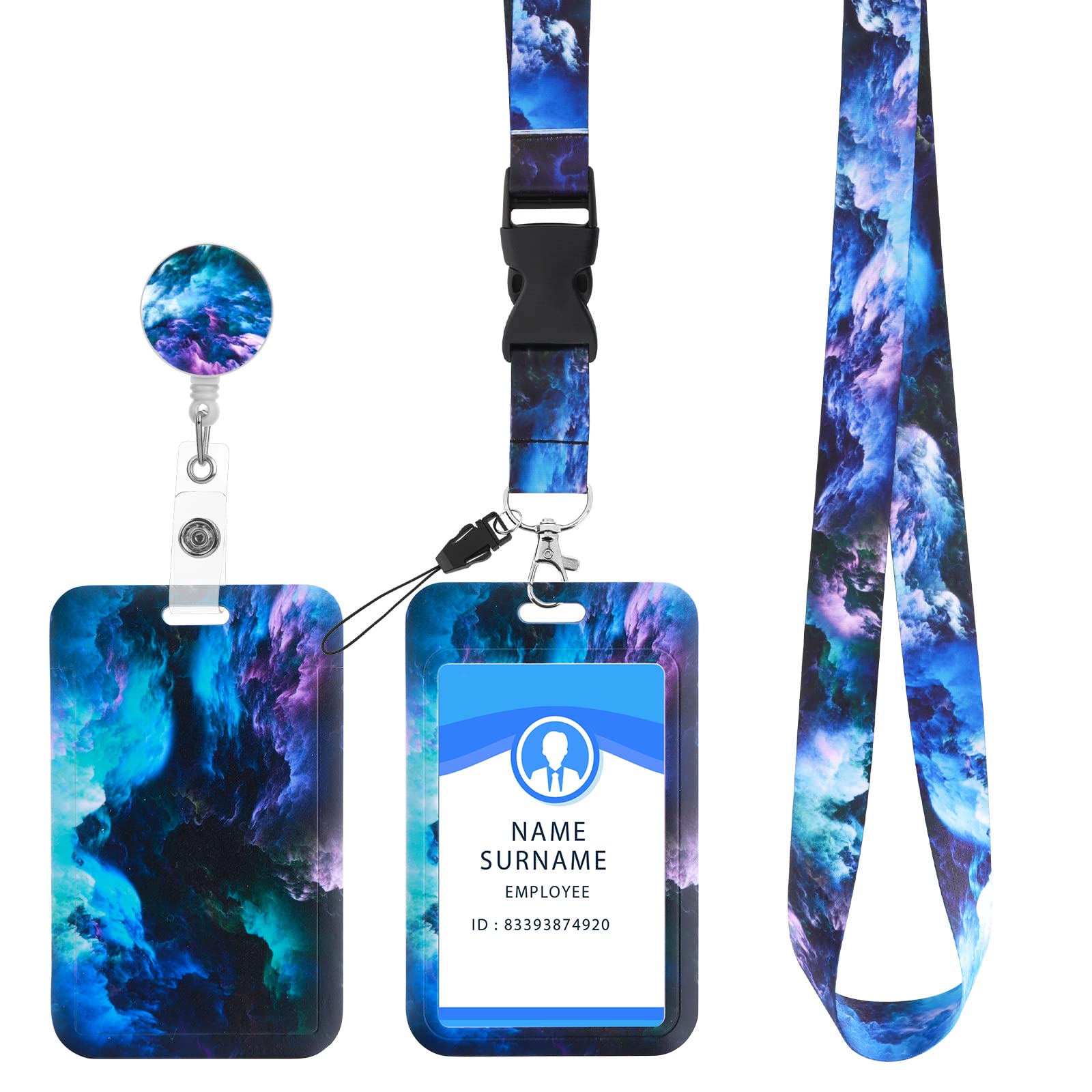 cobee ID Badge Holder with Lanyard, Retractable Starry Sky Badge Holders with Reels and Detachable Badge Lanyards Fashionable Neck Crossbody Lanyard Name Credit Card Protector for Nurse,Teacher(Blue)