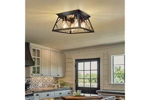 FadimiKoo 4-Light Black Flush Mount Ceiling Light for Kitchen Hallway, Industrial Close to Ceiling Lighting, Farmhouse Square Cage Lamp for Dining Room, Living Room, Bulb Not Included