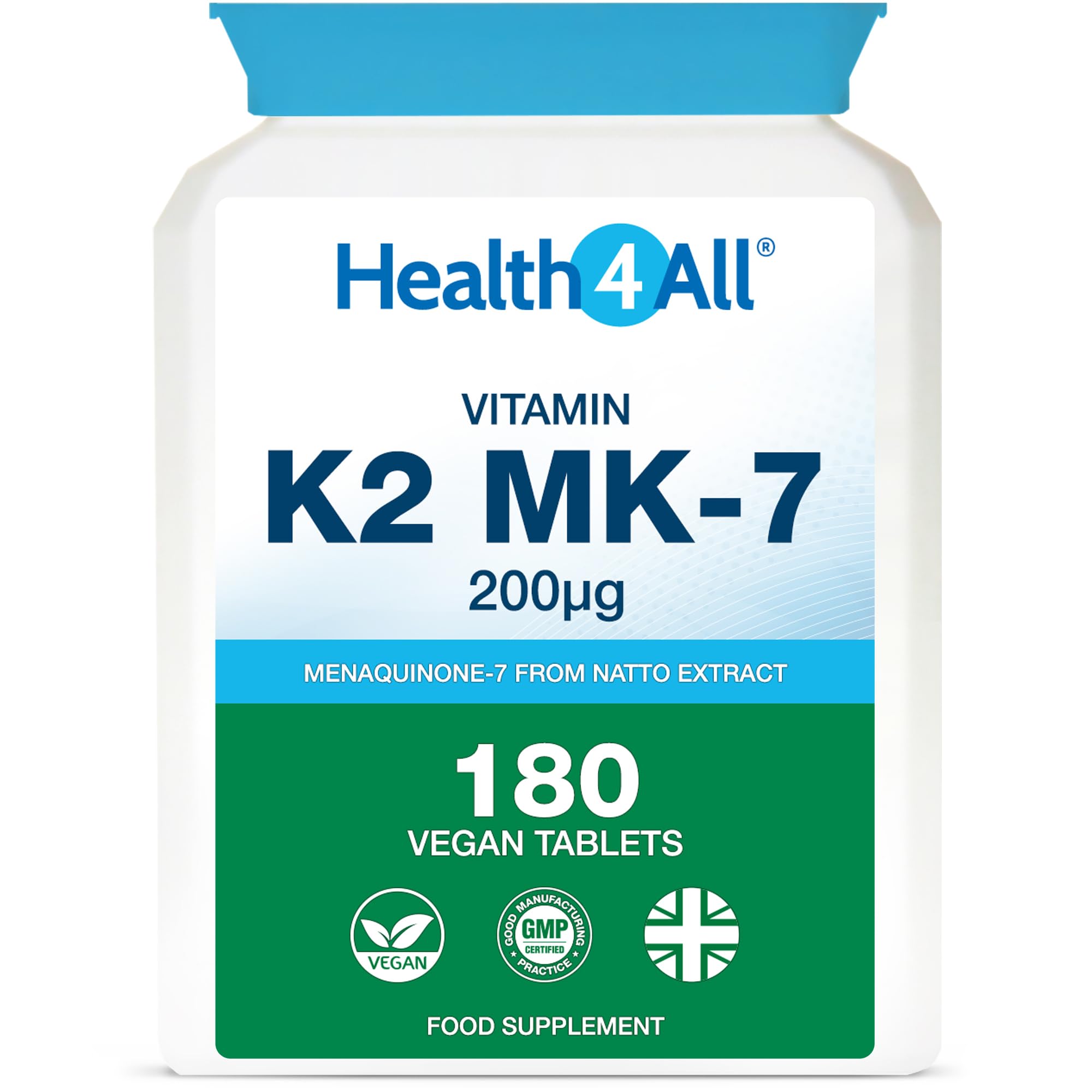 Health4All Natural Vitamin K2 MK7 200mcg from Natto, 180 Tablets 6 Months Supply, All-Trans MK-7 from Beans Fermentation, High Strength VitK2 Vitamin Supplement, Vegan Menaquinone | Made in UK