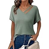 Dokotoo Womens Summer Tops 2026 Waffle Knit Short Sleeve V Neck Cut Out Shirts Loose Tunic Tops Blouses