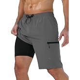Vogyal Mens Swim Trunks with Compression Liner Zipper Cargo Pockets 9 Inch | Quick-Dry, Compression Lined, 2 in 1, Cargo &amp; Side Pockts, Comfy, Anti-chafe, Fit for Beach, Pool, Vacation, Water Park