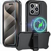 CONWOE Magnetic for iPhone 15 Pro Max Case,with Belt Clip,[Compatible with Magsafe] W/Tempered Glass Screen Protector,Anti-Drop,Shockproof,Heavy Duty Protection (Black)