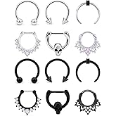 Tvalccoy 16g Septum Clicker Nose Rings Daith Earrings Horseshoe Hoop Smiley Piercing Jewelry Pack for Women Men Surgical Steel Silver-Black/Silver-Rainbow Hypoallergenic