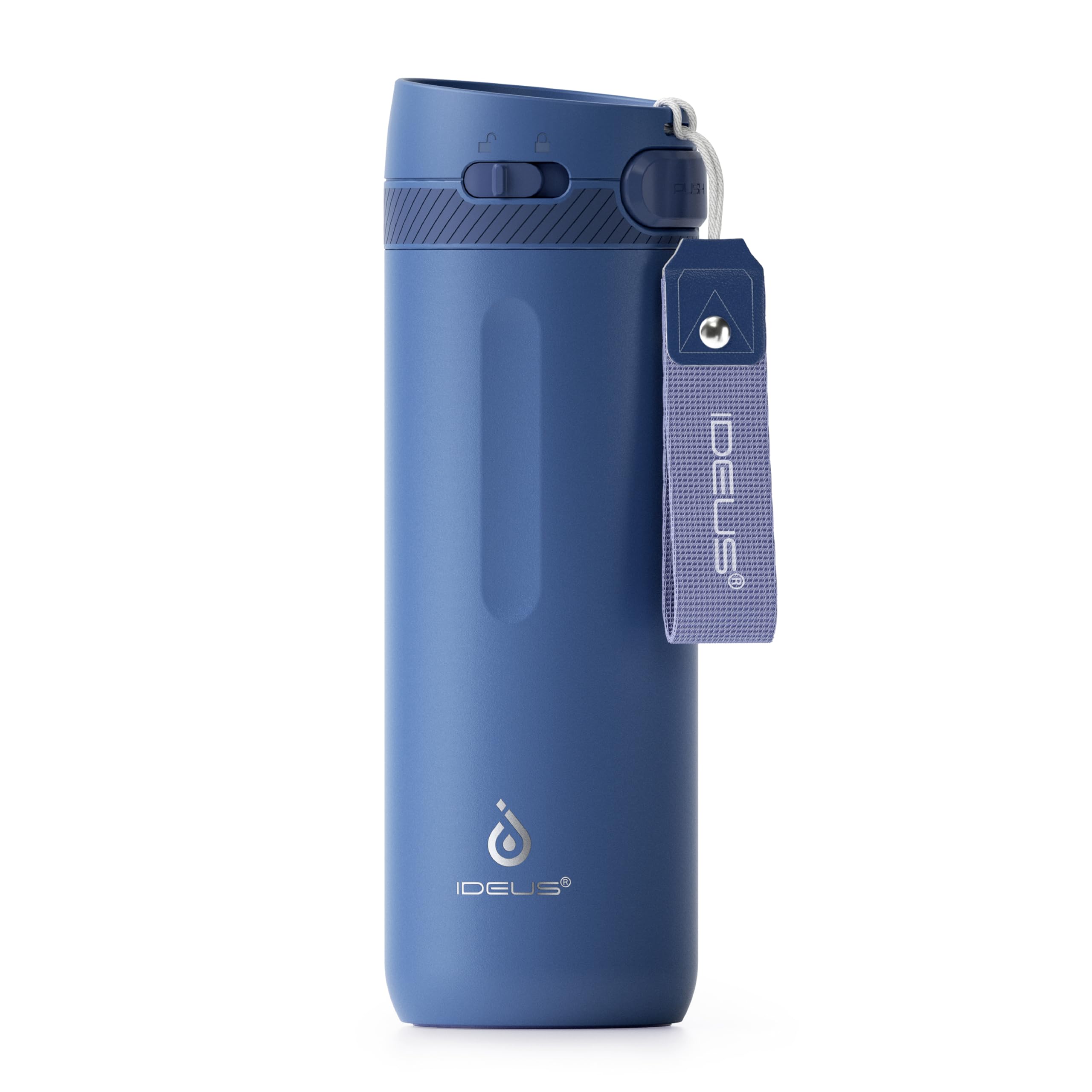 Photo 1 of (USED/FAIR) IDEUS Insulated Stainless Steel Water Bottle 17 oz Push Button Lid & Leakproof Travel Mug for Hot/Cold Beverages Fits Most Cup Holder (Grey Blue)