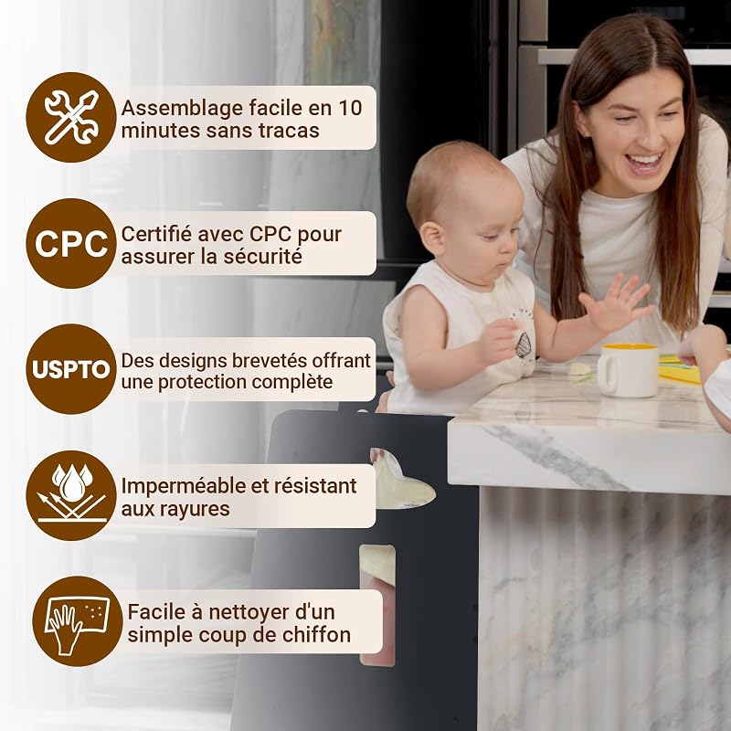 Tour d'apprentissage pour Enfants - Tour d'apprentissage en Bois pour bébés de 1 à 6 Ans - Hauteur réglable sur 3 Niveaux - 80 cm - Gris Classique et Naturel