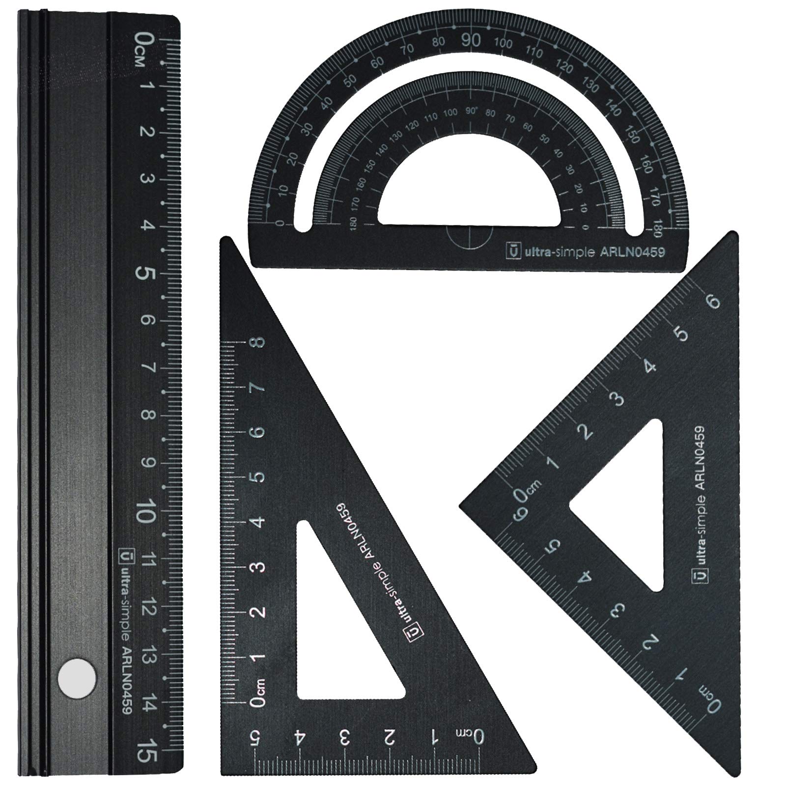 Metal Architects Scale Ruler Set- Rodmaie 4 PCS Technical Drawing set, Math Geometry Tool, Protractor, Triangular, Architect Ruler Set for Student Back to School (Black)