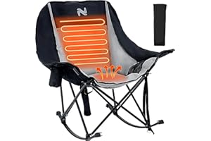 Begonia.K Oversized Heated Rocking Camping Chair - 400lbs Capacity Padded Camping Recliner w/ 3 Levels Back Seat Heat - Folding Lawn Chair with Side Pockets for Camp Patio Backyard