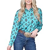 Bellesumyee Womens Retro Aztec Pearl Snap Shirts Lapel Button Up Blouse Long Sleeve Cowgirl Ethnic Print Rodeo Western Tops