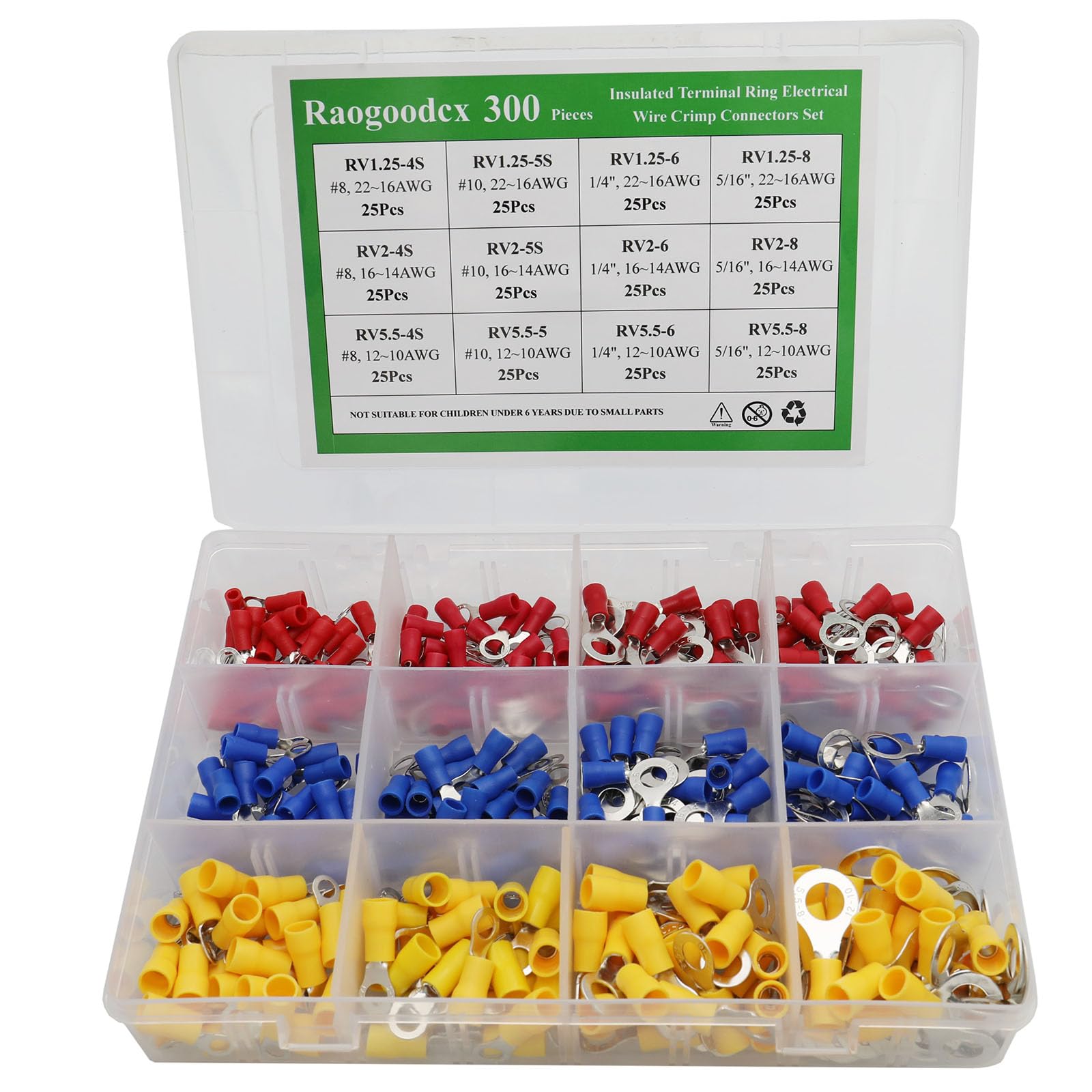 Raogoodcx 300 Pcs Insulated Terminal Ring Electrical Wire Crimp Connectors Set, Yellow, Blue, Red
