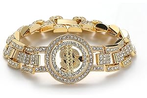 JUNVirtuous Dog Cuban Link Choke Necklace, Iced Out, Bling Diamond Appearance; Alloy Material, 8 inches, Gold Dollar, Small, Medium Dog