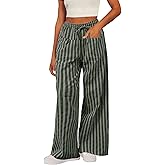 Acelitt Women Casual Drawstring Elastic Waist Loose Wide Leg Striped Pants with Pockets, S-XXL